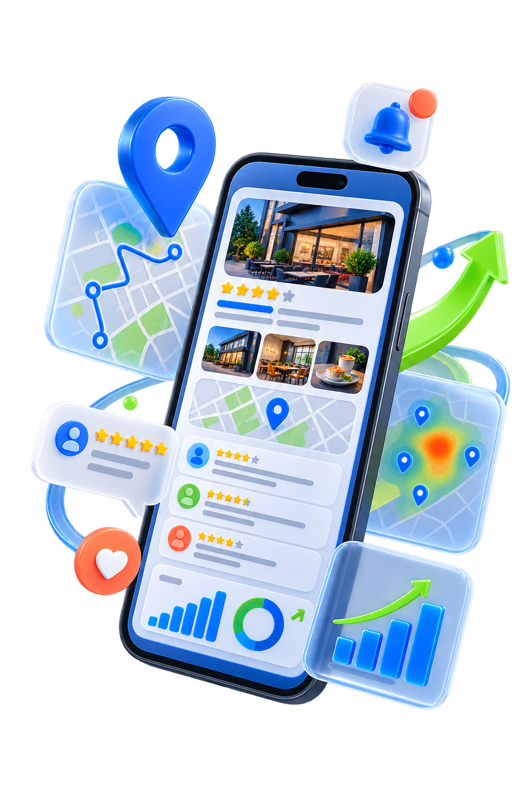 Смартфон с карточкой бизнеса на карте
